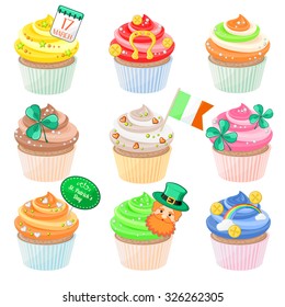 Set of festive Saint Patrick's Day cupcakes with different decorations 