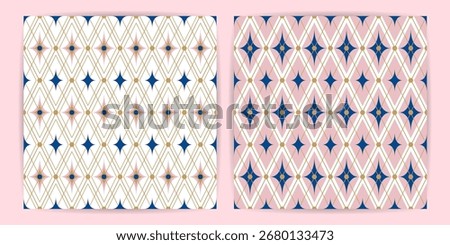 Set of festive seamless mesh patterns with golden diagonal lines, stars and dots. Elegant geometric pink, blue background of carnival rhombus ornament. Fabric textile print. Surface cover wrapper desi