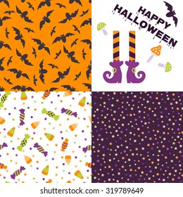 Set of festive seamless pattern for Halloween. Bright cartoon illustrations in traditional colors. Set of festive seamless pattern for Halloween. Bright cartoon illustrations in traditional colors.