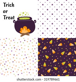 Set of festive seamless pattern for Halloween. Bright cartoon illustrations in traditional colors. Set of festive seamless pattern for Halloween. Bright cartoon illustrations in traditional colors.