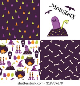 Set of festive seamless pattern for Halloween. Bright cartoon illustrations in traditional colors. Set of festive seamless pattern for Halloween. Bright cartoon illustrations in traditional colors.