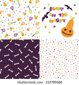 Set of festive seamless pattern for Halloween. Bright cartoon illustrations in traditional colors. Set of festive seamless pattern for Halloween. Bright cartoon illustrations in traditional colors.