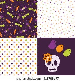 Set of festive seamless pattern for Halloween. Bright cartoon illustrations in traditional colors. Set of festive seamless pattern for Halloween. Bright cartoon illustrations in traditional colors.