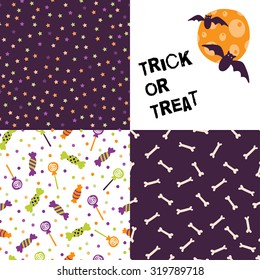 Set of festive seamless pattern for Halloween. Bright cartoon illustrations in traditional colors. Set of festive seamless pattern for Halloween. Bright cartoon illustrations in traditional colors.