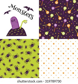 Set of festive seamless pattern for Halloween. Bright cartoon illustrations in traditional colors. Set of festive seamless pattern for Halloween. Bright cartoon illustrations in traditional colors.