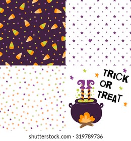 Set of festive seamless pattern for Halloween. Bright cartoon illustrations in traditional colors. Set of festive seamless pattern for Halloween. Bright cartoon illustrations in traditional colors.