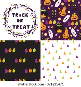 Set of festive seamless pattern for Halloween. Bright cartoon illustrations in traditional colors. Vector