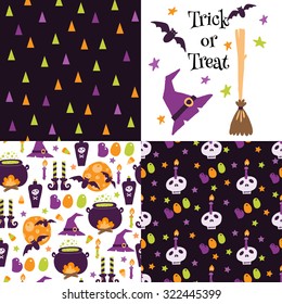 Set of festive seamless pattern for Halloween. Bright cartoon illustrations in traditional colors. Vector