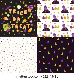 Set of festive seamless pattern for Halloween. Bright cartoon illustrations in traditional colors. Vector