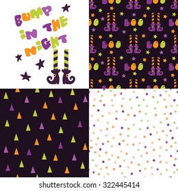 Set of festive seamless pattern for Halloween. Bright cartoon illustrations in traditional colors. Vector