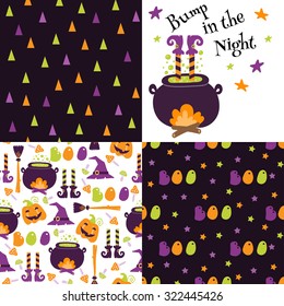 Set of festive seamless pattern for Halloween. Bright cartoon illustrations in traditional colors. Vector