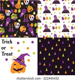 Set of festive seamless pattern for Halloween. Bright cartoon illustrations in traditional colors. Vector