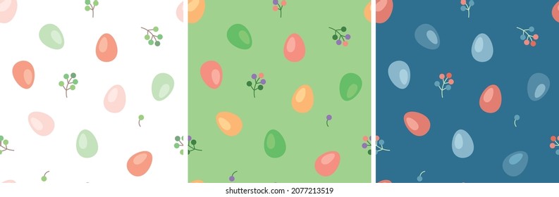 Set of festive seamless patterns for Happy Easter. Eggs and branches with leaves and berries on a colored background. Multi-colored painted eggs. Collection of Easter prints.
