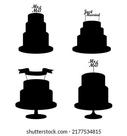 Set of festive silhouettes of wedding cakes with the inscriptions Just Married, Mr  Mrs. Vector illustration