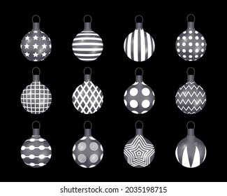 Set of festive silver Christmas decorations for the Christmas tree. Isolated balls. Vector illustration.