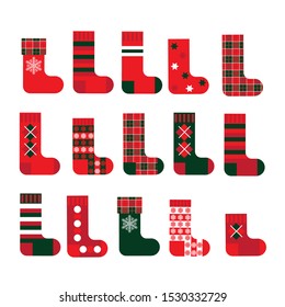 set of festive socks in traditional Christmas colors, red, white, green. fifteen different options. vector illustration. EPS 10.