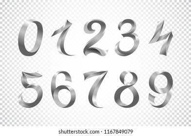 set of festive solver ribbon digits vector. iridescent gradient number geometric design on white background art