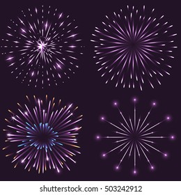 Set of festive sparkling fireworks bursting in different shapes with light and glowing effects. Isolated vector illustration