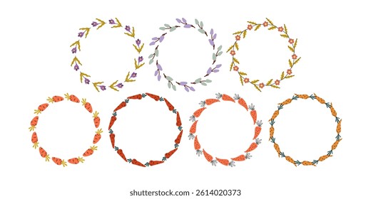 Set of festive spring wreaths for Easter and holidays. Minimalistic wreaths of flowers and carrots. Spring collection of round background. Holidays spring invitation. Vector flat illustration.