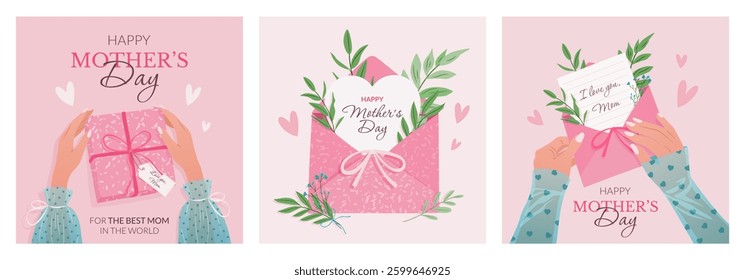 Set of festive square greeting cards, posters or social media posts. Happy Mother's Day concept. Female hands holding a gift box, envelope with card. Cute illustrations in flat style. Vector templates