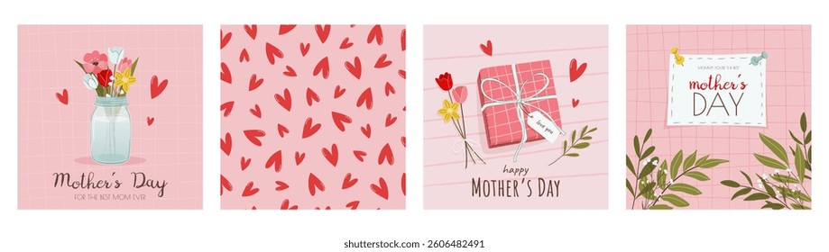 Set of festive square greeting cards, posters, social media posts. Happy Mother's Day concept. Bouquet of flowers, gift box, leaves, hearts pattern. Cute illustrations in flat style. Vector templates