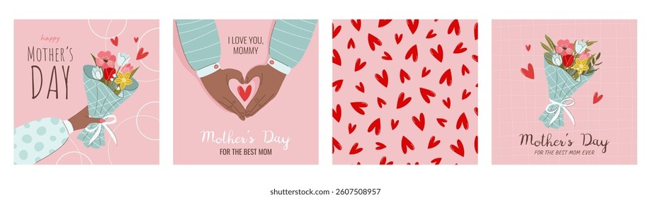 Set of festive square greeting cards, posters, social media posts. Happy Mother's Day concept. Bouquet of flowers, gift box, female hands, hearts pattern. Illustrations in flat style. Vector templates