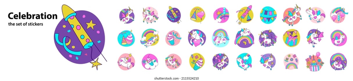 A set of festive stickers for a birthday, a baby shower or any holiday. The character is a cute cartoon unicorn.