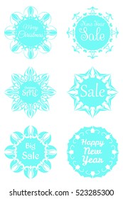 Set of festive stickers snowflakes with the text