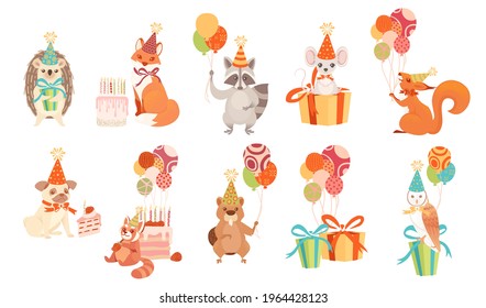 Set of festive style animals with gifts and ballons cartoon happy animal design vector illustration isolated on white background