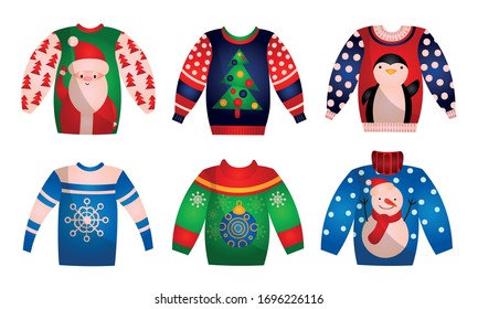 Set of festive sweaters with thematic Christmas images. Vector illustration in flat cartoon style.