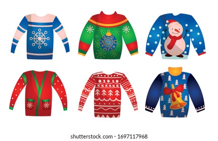 Set of festive sweaters with thematic Christmas images. Vector illustration in flat cartoon style.