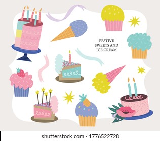 Set of festive sweets and ice cream. Cupcakes, cake with candles, ribbons and stars for kids' birthday party projects.