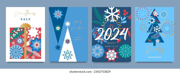 A set of festive templates with a bright design. Christmas trees, fireworks, gift. Sale, Merry Christmas and Happy New Year greetings, party invitation, holiday cover, flyer, leaflet.