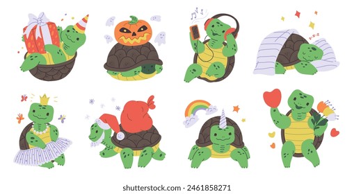 A set of festive turtles in various costumes and scenarios. Vector illustration of turtles celebrating holidays, with accessories like a birthday hat, pumpkin head, headphones, sleeping pillow.