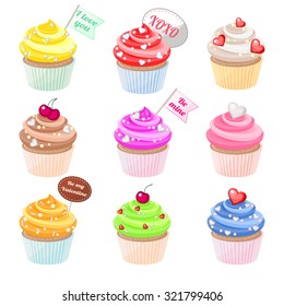 Set of festive Valentine cupcakes with different decorations 
