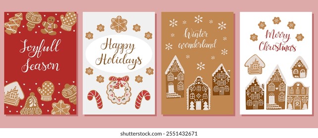 Set of festive vector Christmas banners or posters with gingerbread cookies and calligraphy text. Hand drawn flat illustrations and lettering. Perfect for seasonal designs