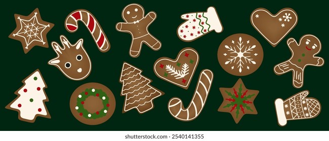 Um conjunto de biscoitos de Natal vetor festivo na forma de estrelas, corações, figuras e outros símbolos de férias em um fundo verde escuro, criando uma atmosfera de férias quente e acolhedora.