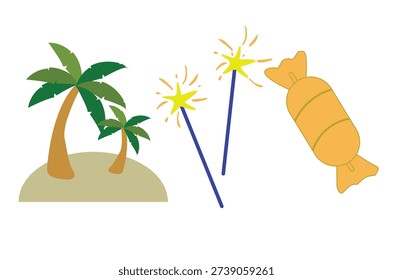 A set of festive vector icons featuring a tropical island with palm trees, sparklers, and a wrapped candy. This colorful collection represents holiday celebrations, summer vibes, parties, and fun moments. The simple flat design makes it suitable for greeting cards, seasonal promotions, travel themes, event graphics, and decorative elements.