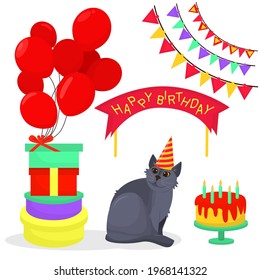 A set of festive vector illustrations on the theme of birthday with gifts, balloons, flags and a funny British cat in a cap