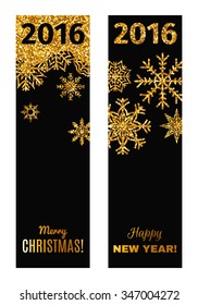 Set of festive vertical banners with gold tinsels. Background for congratulations on Christmas and New Year.
