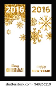 Set of festive vertical banners with gold tinsels. Background for congratulations on Christmas and New Year.