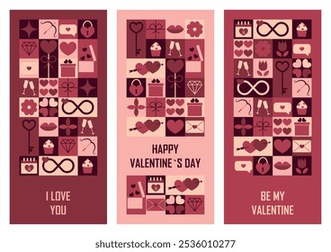 Set of festive vertical banners Happy Valentines day. Templates for greeting card or invitation in abstract modern geometric style. Vector illustration