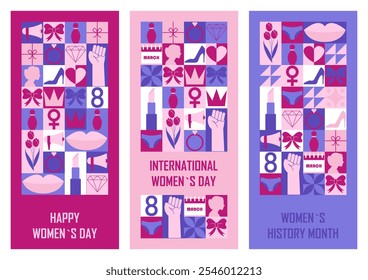 Set of festive vertical banners Happy Womens day. Templates for greeting card or invitation in abstract modern geometric style. Vector illustration