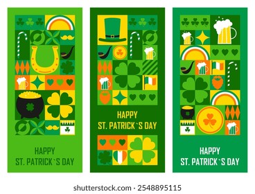 Set of festive vertical banners Happy St. Patrick`s Day. Templates for greeting card or invitation in abstract modern geometric style. Vector illustration