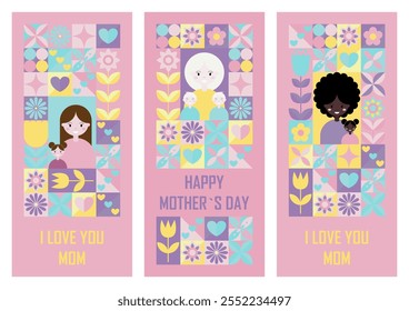 Set von festlichen vertikalen Banner Happy Mother`s Day und ich liebe dich Mutter. Vorlagen für Grußkarten oder Einladungen im abstrakten, modernen geometrischen Stil. Vektorgrafik