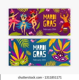 Set of festive web banner templates with dancers, drummer, tropical leaves and flowers and holiday masks. Flat vector illustration for Mardi Gras parade, masquerade or carnival party announcement.