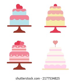 Set of festive wedding cakes in flat style. Vector illustration