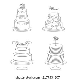 Set of festive wedding cakes with inscriptions Just Married, Mr  Mrs in line style. Vector illustration