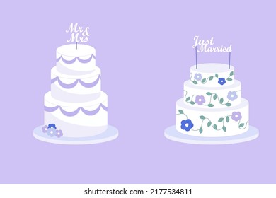 Set of festive wedding cakes with the inscriptions Just Married, Mr  Mrs. Mrs. Vector Illustration