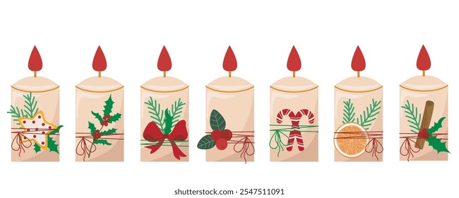 Conjunto de velas de invierno festivo. Velas en llamas decoradas con bayas, hojas de acebo, bastón de caramelo, pan de jengibre, arco, palo de canela, rodaja de naranja. Ardor acogedor, decoración de vacaciones, gráficos de Vector 